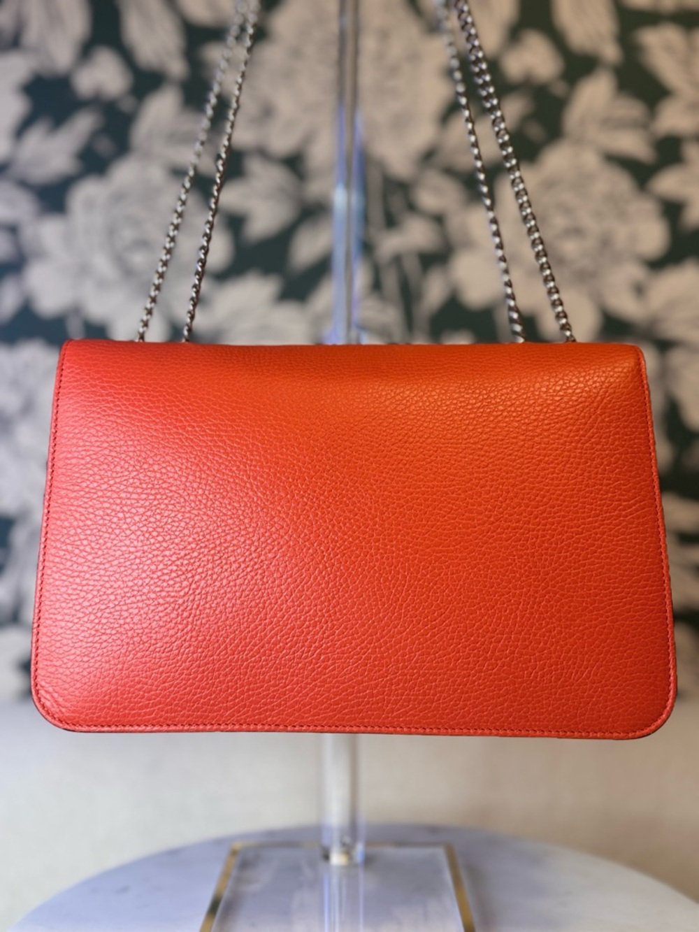 Gucci Authentic Red-Orange Leather Shoulder Bag with Silver Chain Like New w COA - Picture 8 of 14